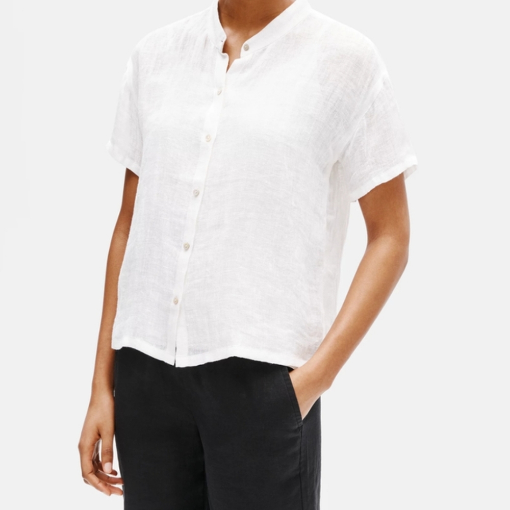 Eileen Fisher Organic Linen Gauze Mandarin Collar Shirt size PM